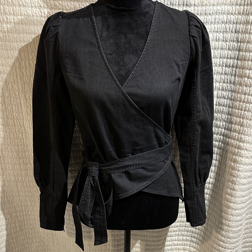 Express Black Faux Wrap Long Sleeve Top With Zipper And Waist Tie MSRP $78